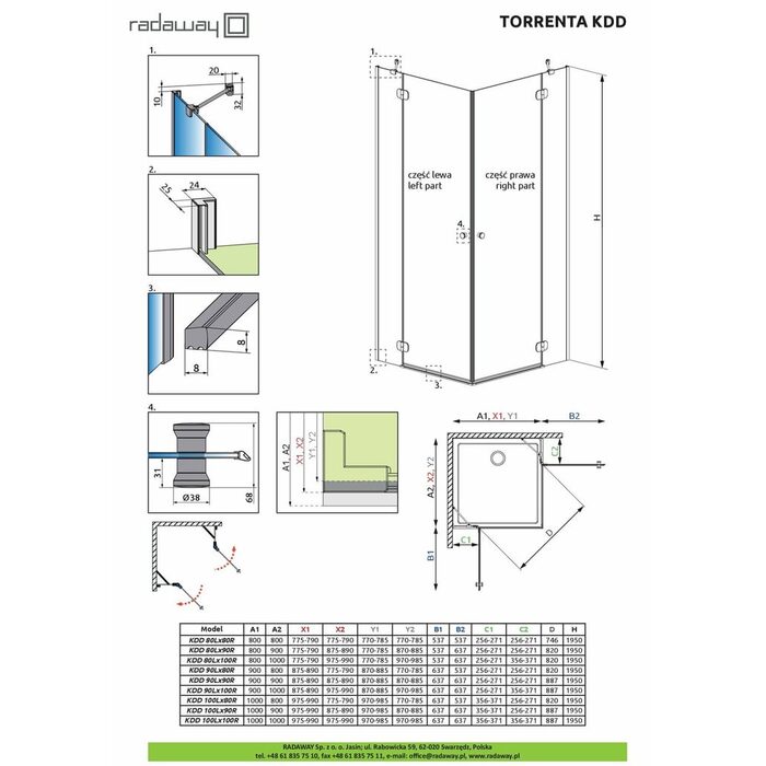 Душова кабіна прямокутна Torrenta KDD 100Lx80R RADAWAY