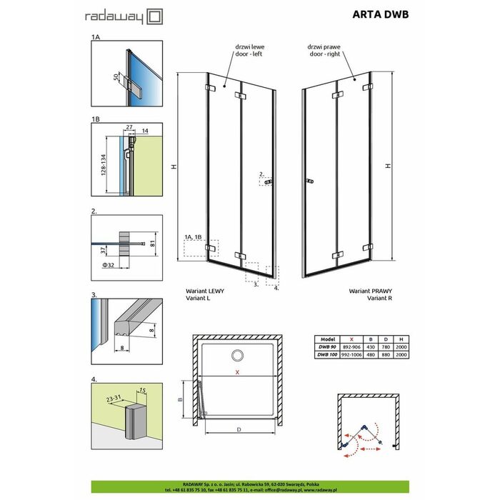 Душові двері Arta DWB 100 R RADAWAY