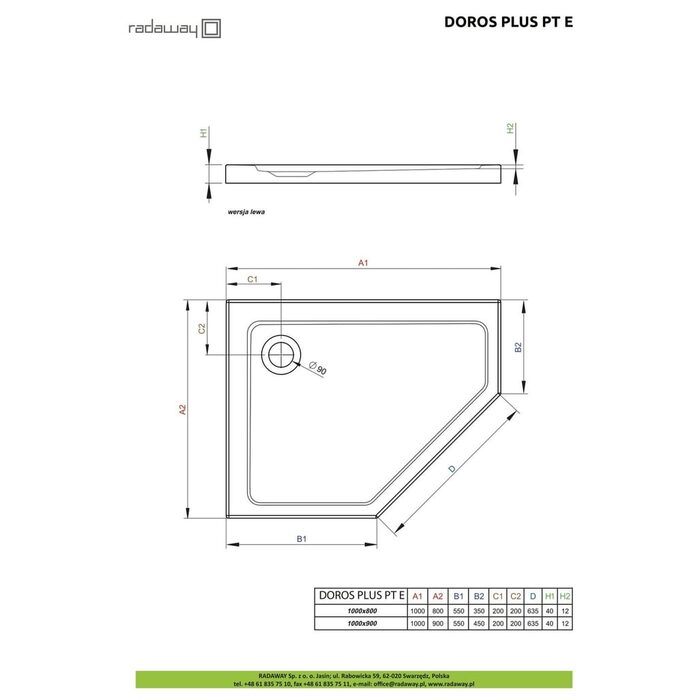 Душовий піддон Doros Plus PT E 100x80 см правий, RADAWAY