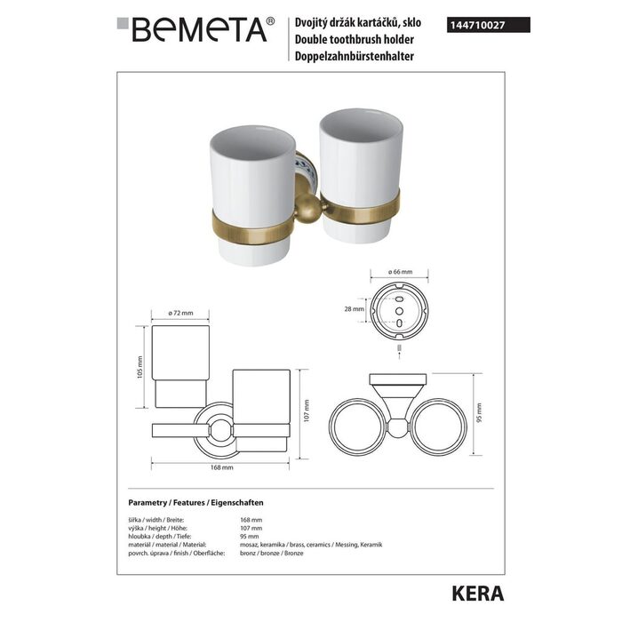 Подвійний тримач 144710027 Kera зубної щітки (кераміка) Bemeta Чехія