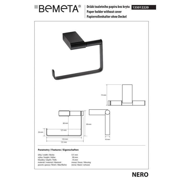 Тримач для туалетного паперу Nero (135012220), Bemeta
