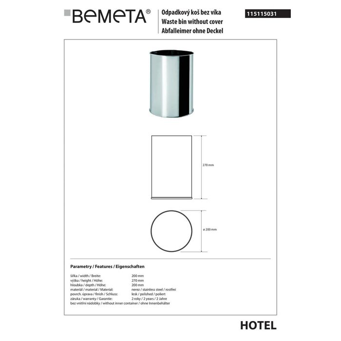 Сміттєвий ящик 115115031 Hotel : нержавіюча сталь, мат.  Bemeta Чехія