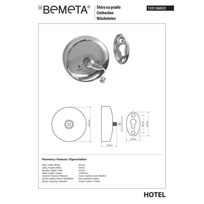 Мотузка для білизни Hotel (123126022), Bemeta
