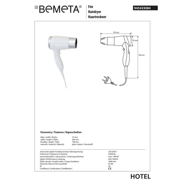 Фен 1400 W Hotel (945433084), Bemeta