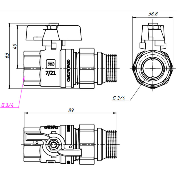 KA2 Кран кульовий зі згоном FADO New PN40 20 3/4 (1 сорт)
