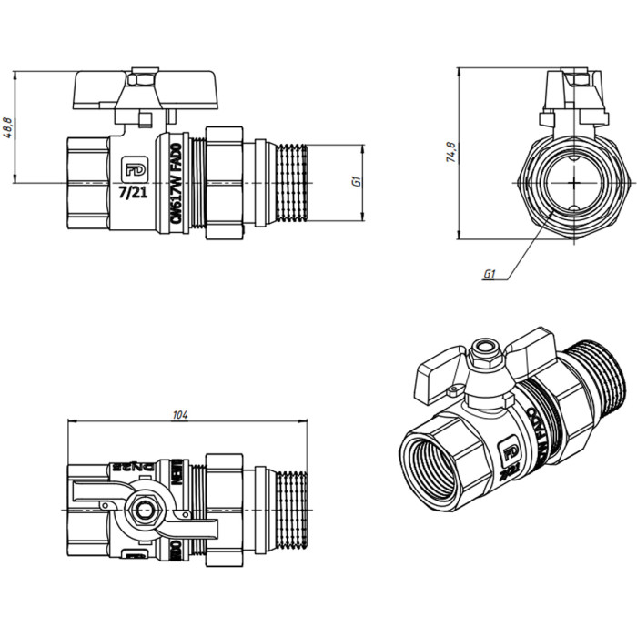 KA3 Кран кульовий зі згоном FADO New PN40 25 1 (1 сорт)