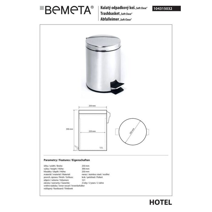 Відро для сміття 12 л Hotel (104315032), Bemeta