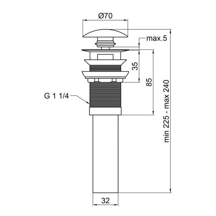 Донний клапан для раковини Qtap PU03O 225х70х70 Matt black з переливом