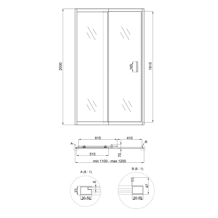 Душові двері в нішу Qtap Taurus CRM201-11.C6 110-120x200 см, скло Clear 6 мм, покриття CalcLess