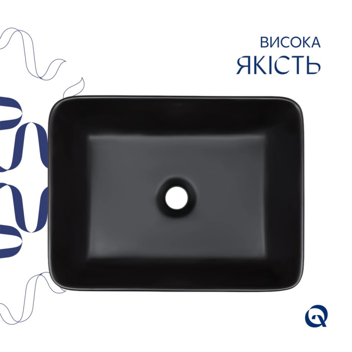 Комплект Qtap Tern: Раковина накладна прамокутна 480х370х135 мм Matt Black + Донний клапан PU03