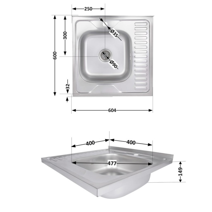 Кухонна мийка Brinex 6060-L 0,6 мм Satin (BRIN6060LSAT06)