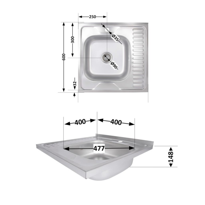 Кухонна мийка Brinex 6060-R 0,6 мм Satin (BRIN6060RSAT06)