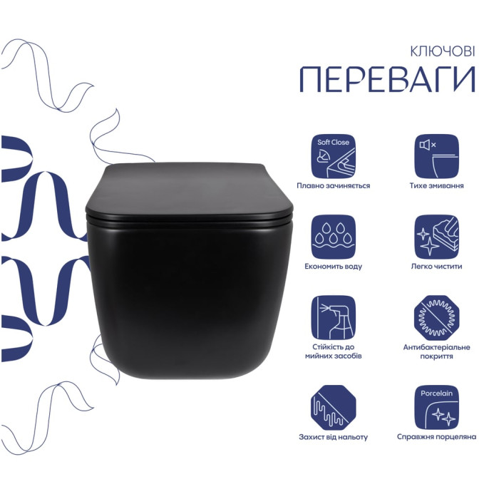 Унітаз підвісний Qtap Gemini Ultra Quiet 485×340×350 мм, Matt Black, з сидінням Slim Duroplast / Soft-close / Quick Release QTGEM28BLM50505