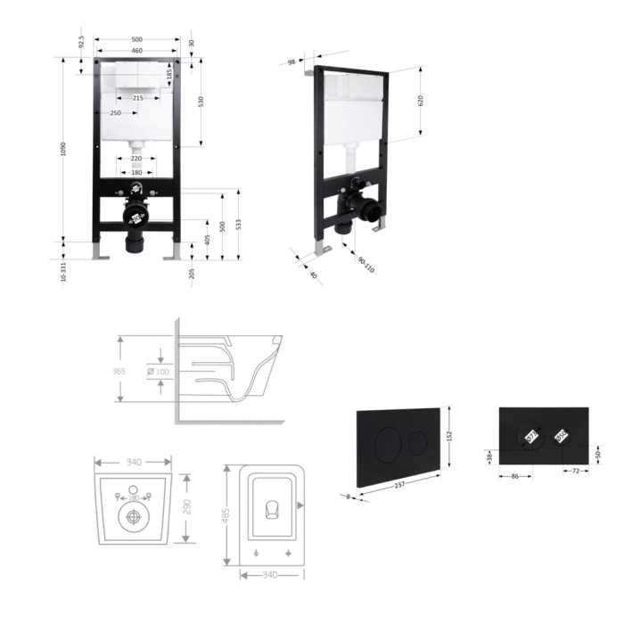 Готове рішення Qtap для ванної кімнати: підвісний унітаз Crow Rimless 485x340x330 + комплект інсталяції Standard (кругла клавіша Black)