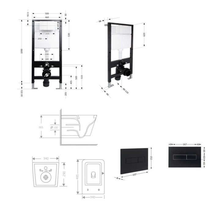 Готове рішення Qtap для ванної кімнати: підвісний унітаз Crow Rimless 485x340x330 + комплект інсталяції Standard (лінійна клавіша Black)