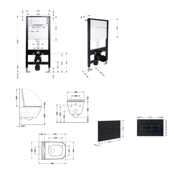 Готове рішення Qtap для ванної кімнати: підвісний унітаз Crow Ultra Quiet 485x340x290 + комплект інсталяції Standard (лінійна клавіша Black)