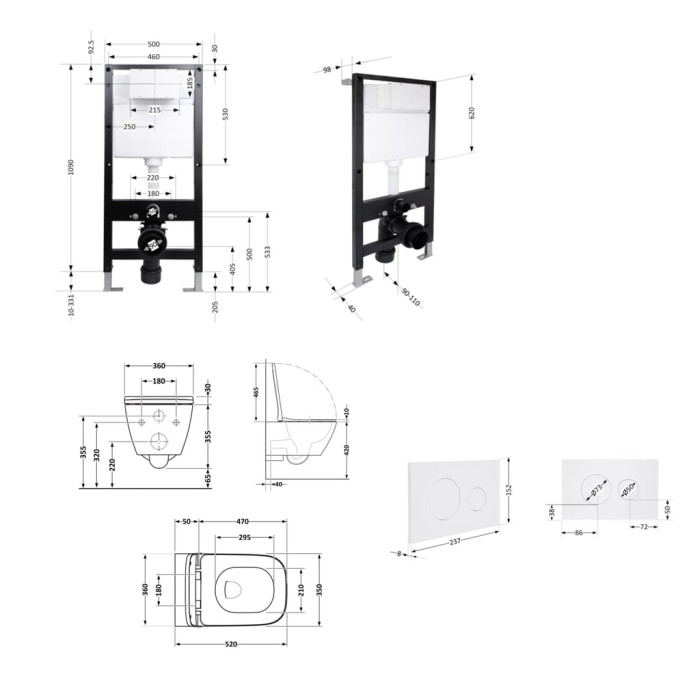 Готове рішення Qtap для ванної кімнати: підвісний унітаз Crow Rimless 520x360x290 + комплект інсталяції Standard (кругла клавіша White)