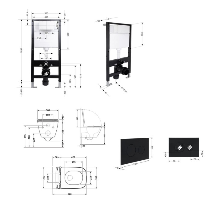 Готове рішення Qtap для ванної кімнати: підвісний унітаз Crow Rimless 520x360x290 + комплект інсталяції Standard (кругла клавіша Black)