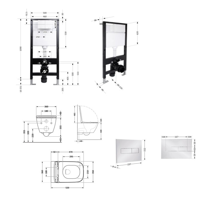 Готове рішення Qtap для ванної кімнати: підвісний унітаз Crow Rimless 520x360x290 + комплект інсталяції Standard (лінійна клавіша Chrome)