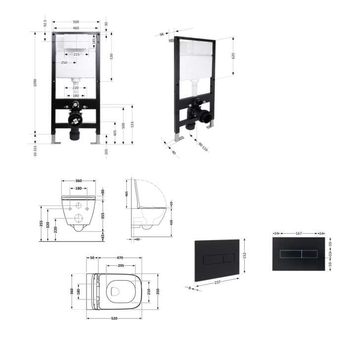 Готове рішення Qtap для ванної кімнати: підвісний унітаз Crow Rimless 520x360x290 + комплект інсталяції Standard (лінійна клавіша Black)