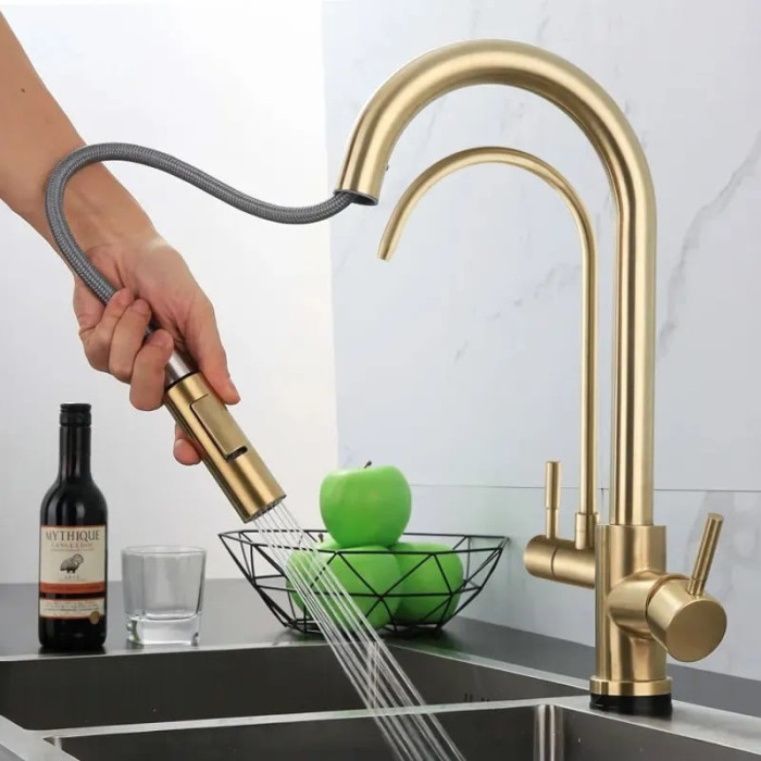 змішувач для кухні Rea Eco Fresh з висувним виливом, brushed gold (REA-B7596)