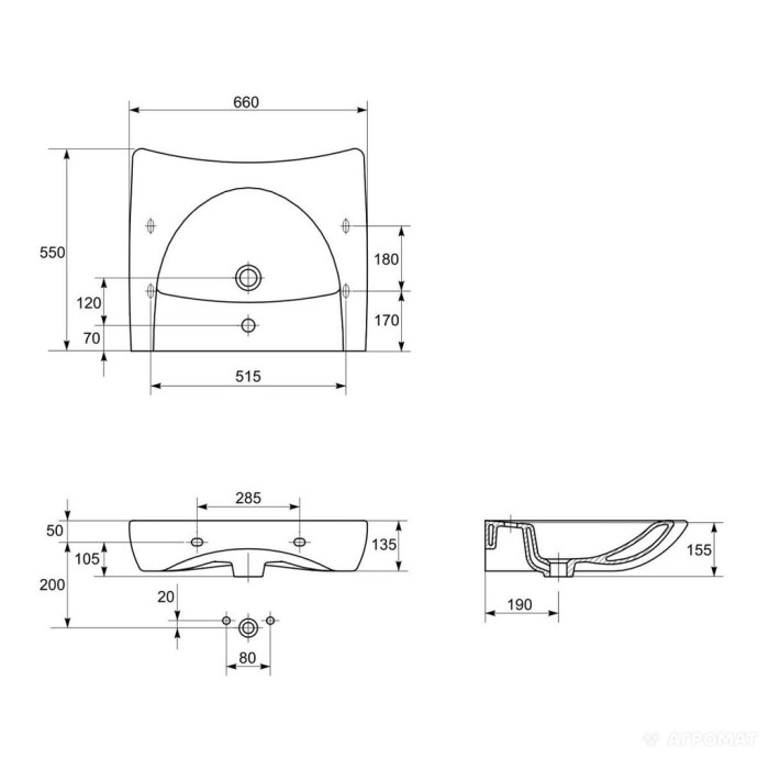 K11-0041 ETIUDA Раковина-65 для людей з обмеженими фізичними можливостями з отв. (1 сорт)