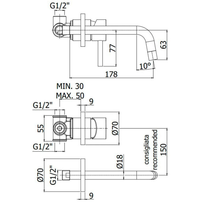LIG006ST70 LIGHT Змішувач раковини, вилив 175 мм, сталь (1 сорт)