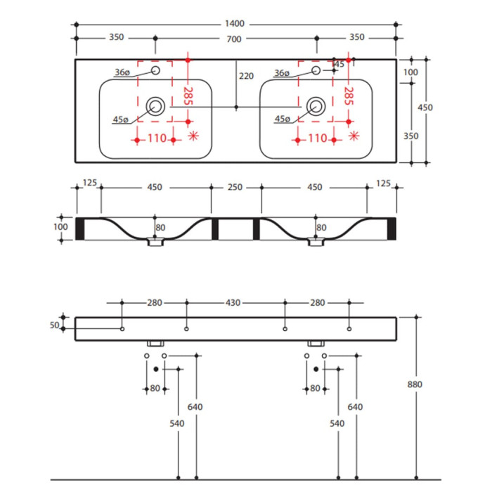 3536 01  Cento раковина 140x45 з 2 отв, білий (1 сорт)