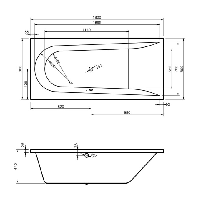 Ванна Boomerang  1800x800 посилений борт, з ніжками, злив по центру (1 сорт)