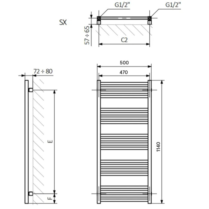 WGFIN114050K9M5SX Рушникосушка Fiona 1140*500, колір чорний мат (RAL 9005) (1 сорт)