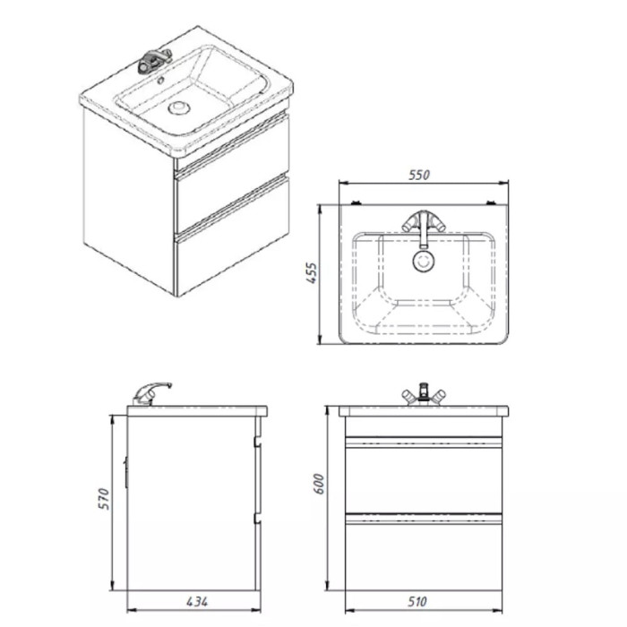 753055W FRAME Біла глянцева тумба 55см з раковиною та сифоном (1 сорт)