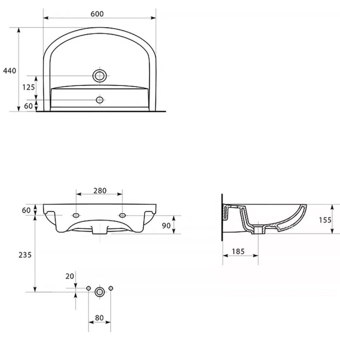K667-104 Умивальник меблевий ARTECO 60 ONE HOLE з отвором для змішувача, з переливом, білий глянець (картон) (1 сорт)