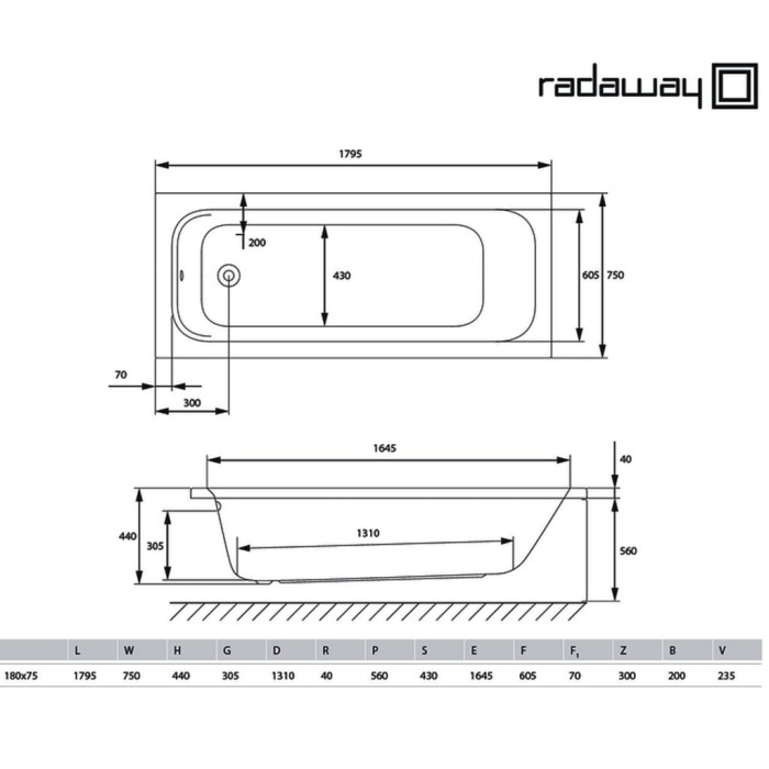 WA1-50-180x075S Ванна акрилова MIA 180x75 + ніжки + сифон R135L (1 сорт)