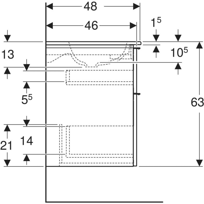 502.338.01.1 Комплект вбудованого умивальника Geberit iCon slim rim, з шафкою з двома шухлядами й з’єднувальним елементом для умивальника: B=120см, H=63см, T=48см, Білий глянець (1 сорт)