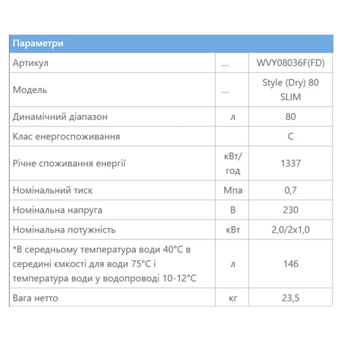 WVY08036F Водонагрівач Eldom Style Dry 80л. Slim 2,0 kW (1 сорт)