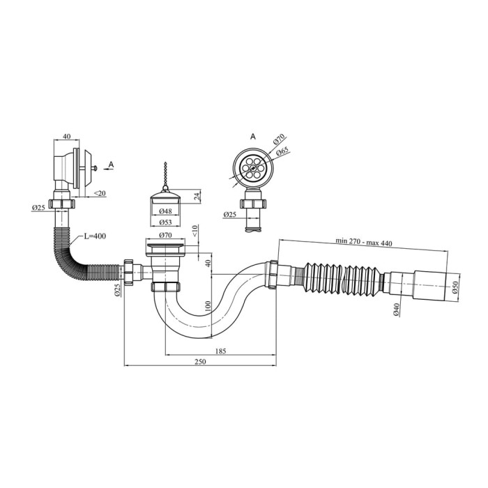 Сифон для ванни Kroner KRP - BS02 1 1/2"х40/50 мм з переливом, прямоточний