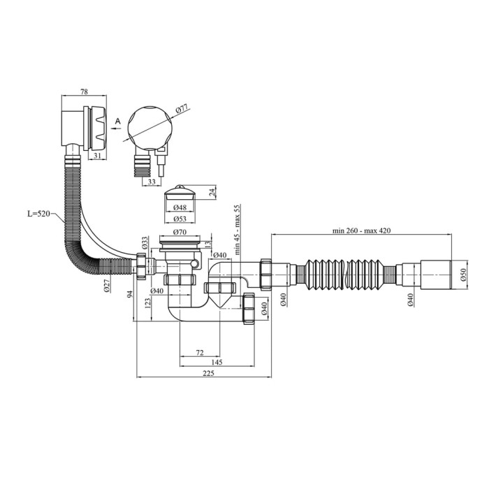 Сифон для ванни Kroner KRP - BS05P 1 1/2"х40/50 мм з системою Сlick-Сlack, з переливом та ревізією