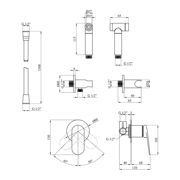 Набір для гігієнічного душу зі змішувачем Kroner Element 211234-3801