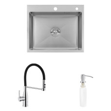 Комплект кухонна мийка Kroner Gebürstet-6050HM + змішувач Ersel-C03111BLK + дозатор Spender-016