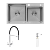 Комплект кухонна мийка Kroner Gebürstet-7843ZHM + змішувач Edelstahl Klassisch-ESG03815BLK + дозатор Spender-016