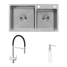 Комплект кухонна мийка Kroner Gebürstet-7843ZHM + змішувач Edelstahl Klassisch-ESG03815BLK + дозатор Spender-016