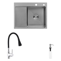 Комплект кухонна мийка Kroner Gebürstet-6350RHM + змішувач Küche-C031BLK + дозатор Spender-ECG049