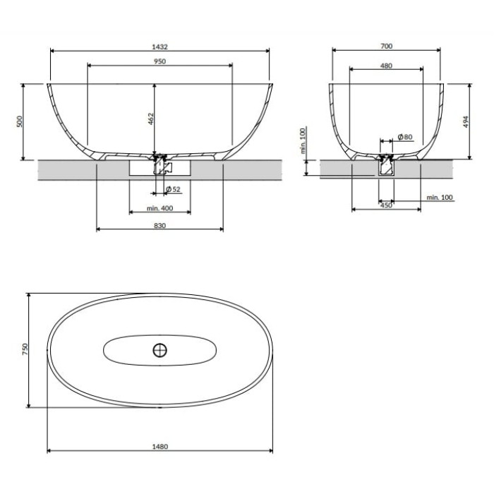 ванна Omnires Shell 148x75 окремо gloss white (SHELL148WWBP)
