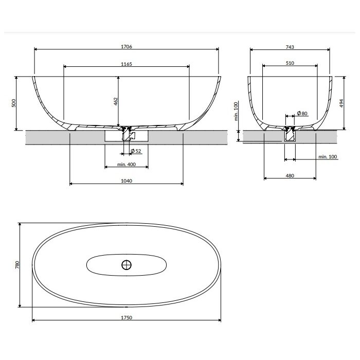 ванна Omnires Shell 175x78 окремостояща ash grey (SHELL175WWAG)
