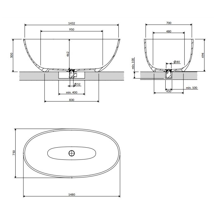ванна Omnires Shell 148x75 окремо gloss white (SHELL148WWBP)