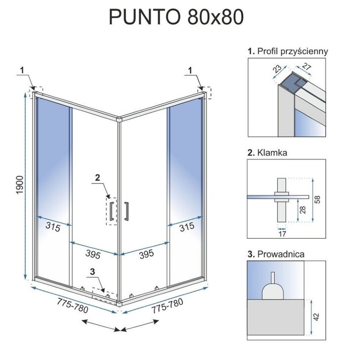 душова кабіна Rea Punto 80x80 black безпечне скло, прозоре (REA-K4800)