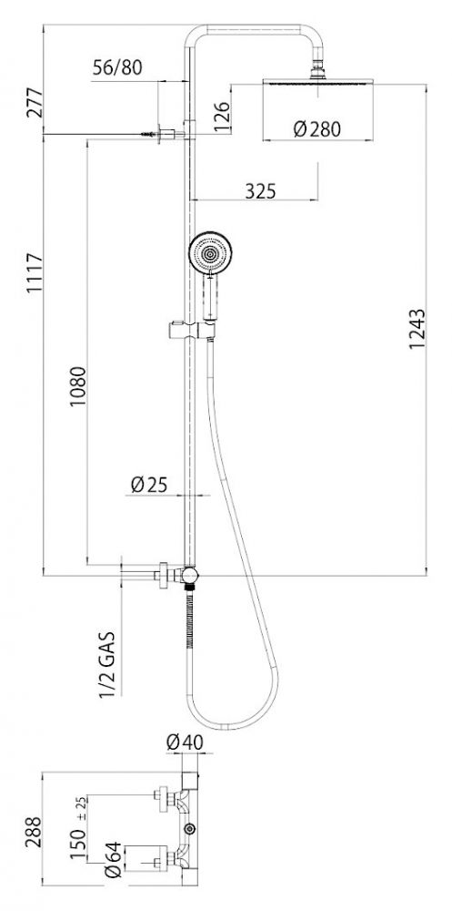L10103 073 COSMO Душевая система с термостатом, верхним и ручным душем со шлангом, черный мат
