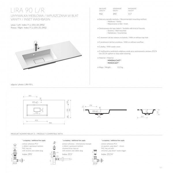 Умывальник из искусственного камня LIRA 90 левый, Marmorin, P_U_054_04_0902 (640090720)