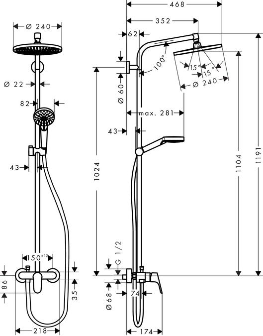 Crometta S 240 1jet Showerpipe Душевая система 27269000 с однорычажным смесителем